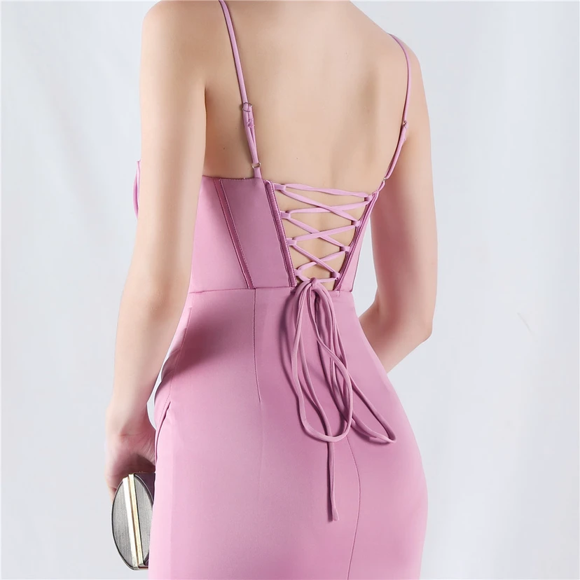 Fishbone Waist Set Crystal Diamond Satin Host Evening Dress view 7