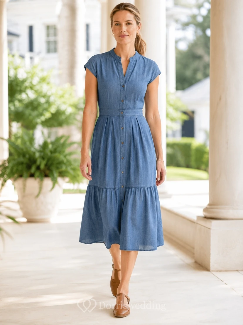 Ocean Blue Casual Tiered V-Neck Short-Sleeve Denim A-Line Tea-Length Formal Dress