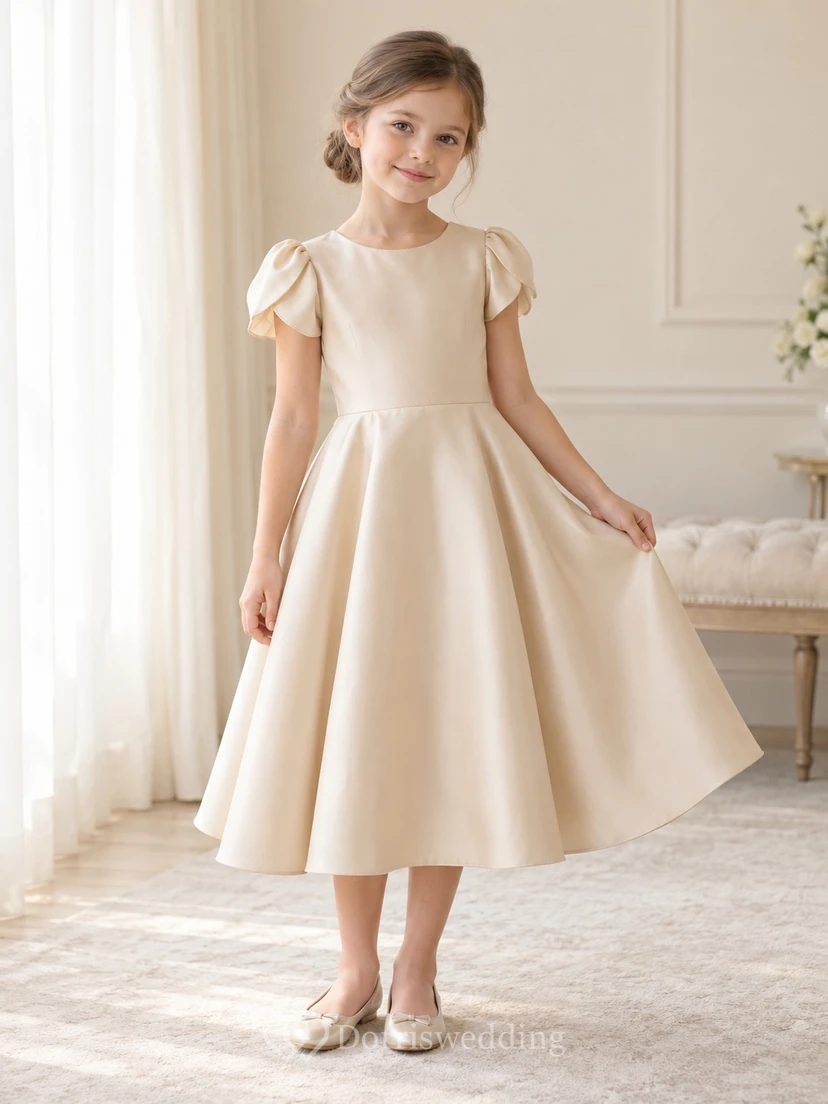 Modest Champagne Tea-length Compact Petal Sleeve Long Tail Bow Satin Flower Girl Dress