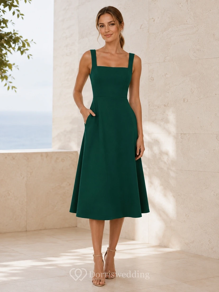 Schlichtes, dunkelgrünes Cocktailkleid mit eckigem Ausschnitt, A-Linie und Taschen, perfekt für den Strand.