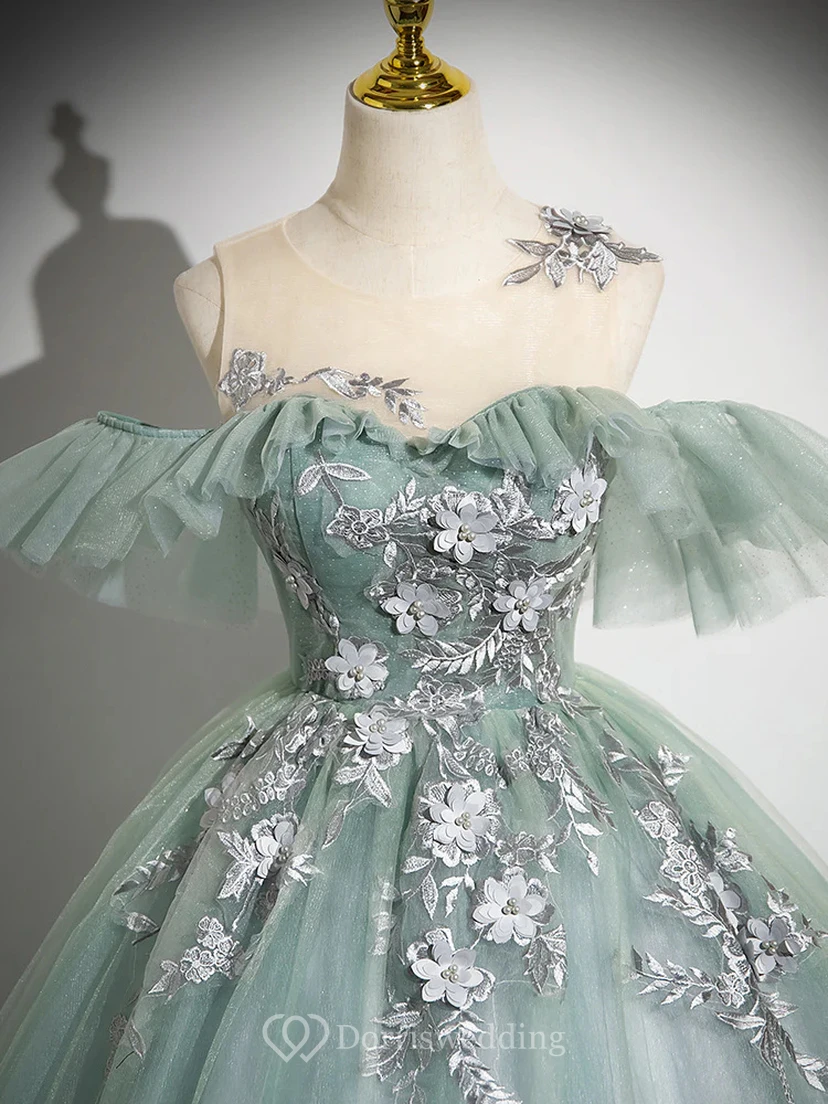 Robe de bal brodée vert clair à épaules dénudées view 12