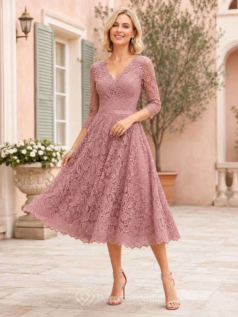 Vintage Dusty Rose Tea-Length Lace A-Line V-Neck Three-Quarter Sleeve Dress