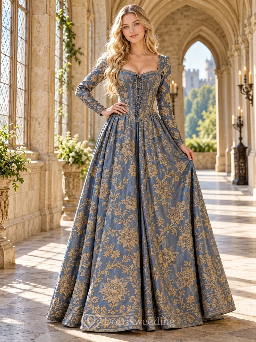 Robe de cérémonie médiévale vintage à col carré et manches longues, bleue et or à fleurs, style floral.