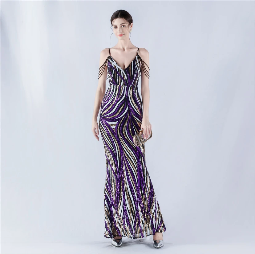 Sequined Striped Color Matching Slim Dinner Host Suspender Long Dress For Women view 32