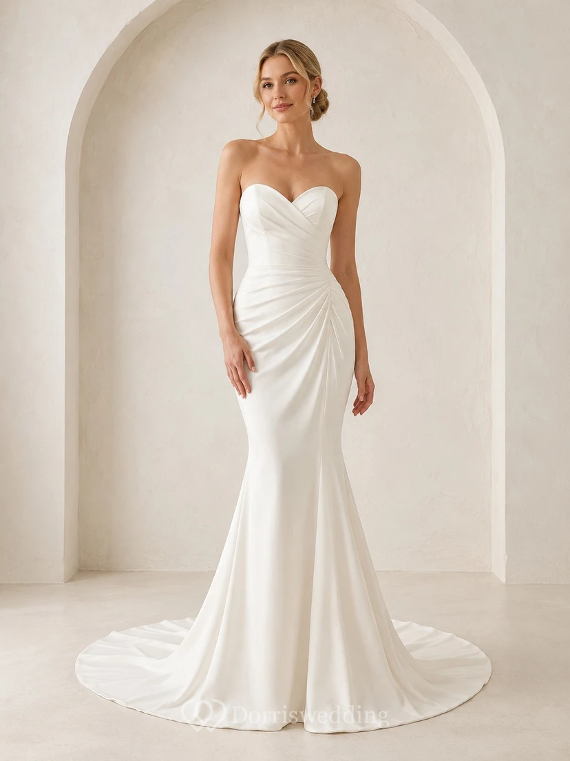 Vestido de novia largo hasta el suelo, sin tirantes, con escote corazón y fruncido en la cadera, estilo sirena.