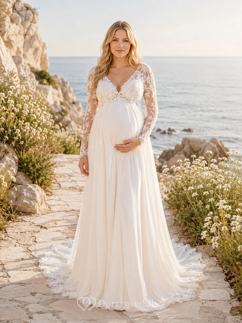 Vestido de novia de maternidad largo hasta el suelo, estilo imperio, con escote en V y mangas largas, ideal para fugas románticas.