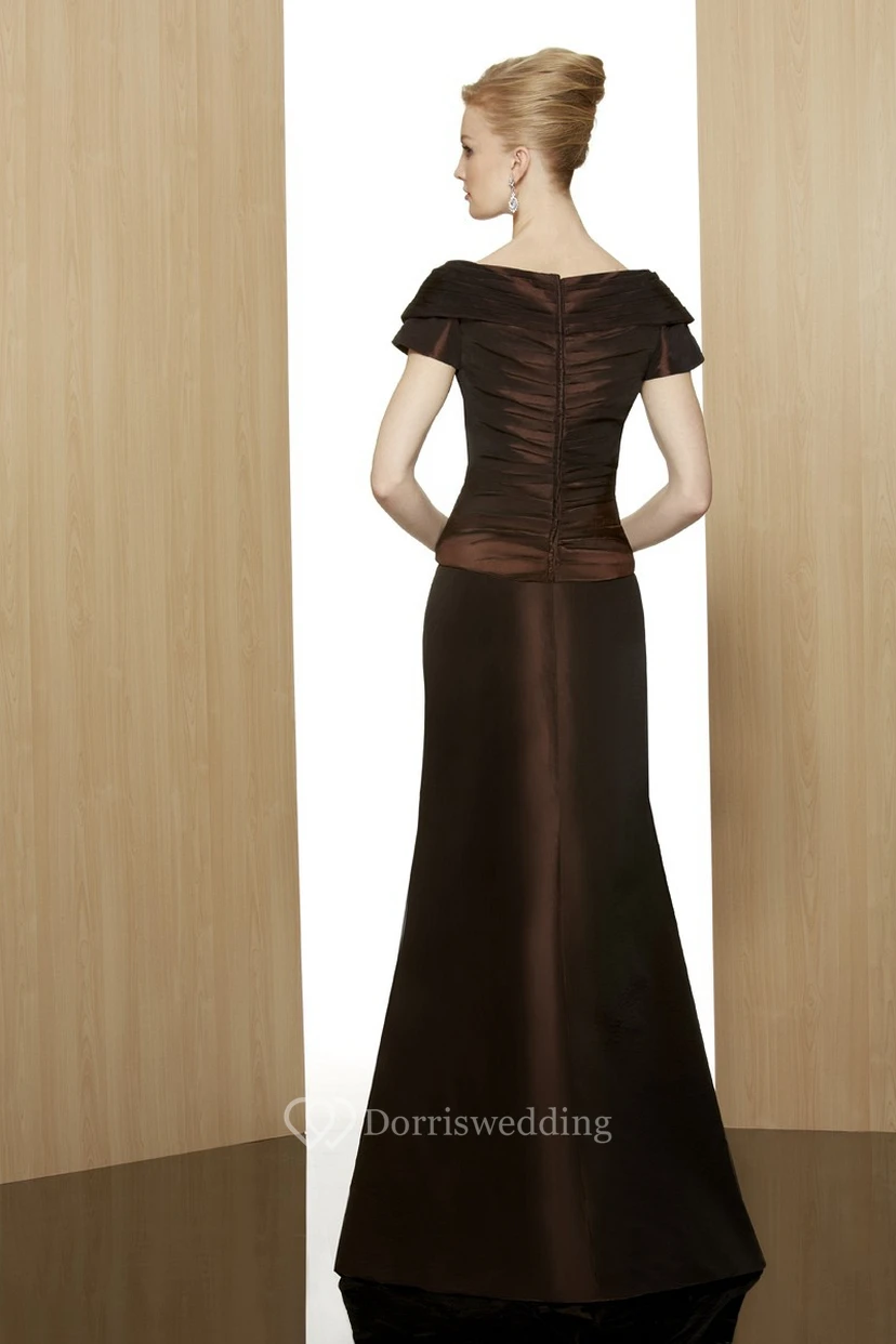 A-Line Broach Short-Sleeve V-Neck Floor-Length Satin Formal Dress With Zipper Back view 2