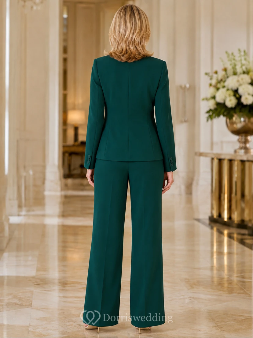 Dark Green Mother Jumpsuit with V-Neck Tailored Blazer Jacket and Wide Leg Pants view 2