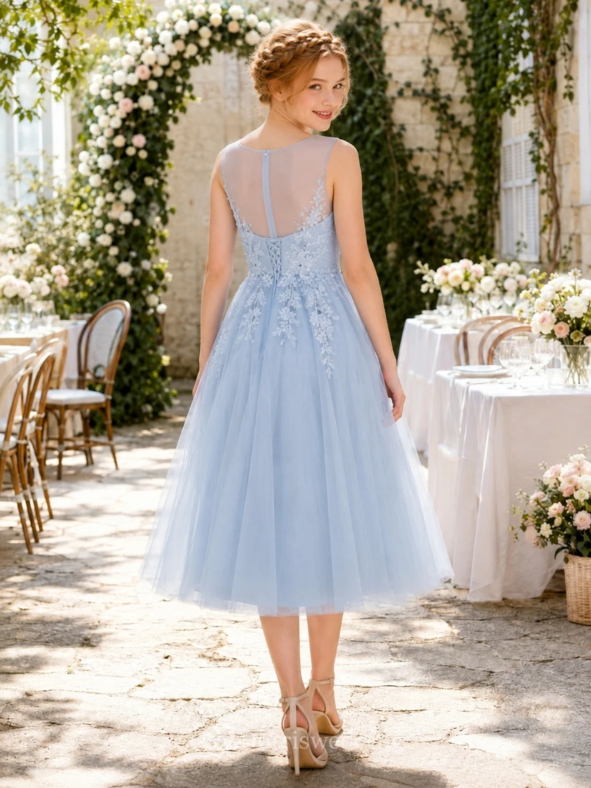 Himmelblaues Brautjungfernkleid für junge Mädchen, A-Linie, herzförmiger Schnitt, ärmellos, wadenlang, mit Spitzendetails, lässig view 2