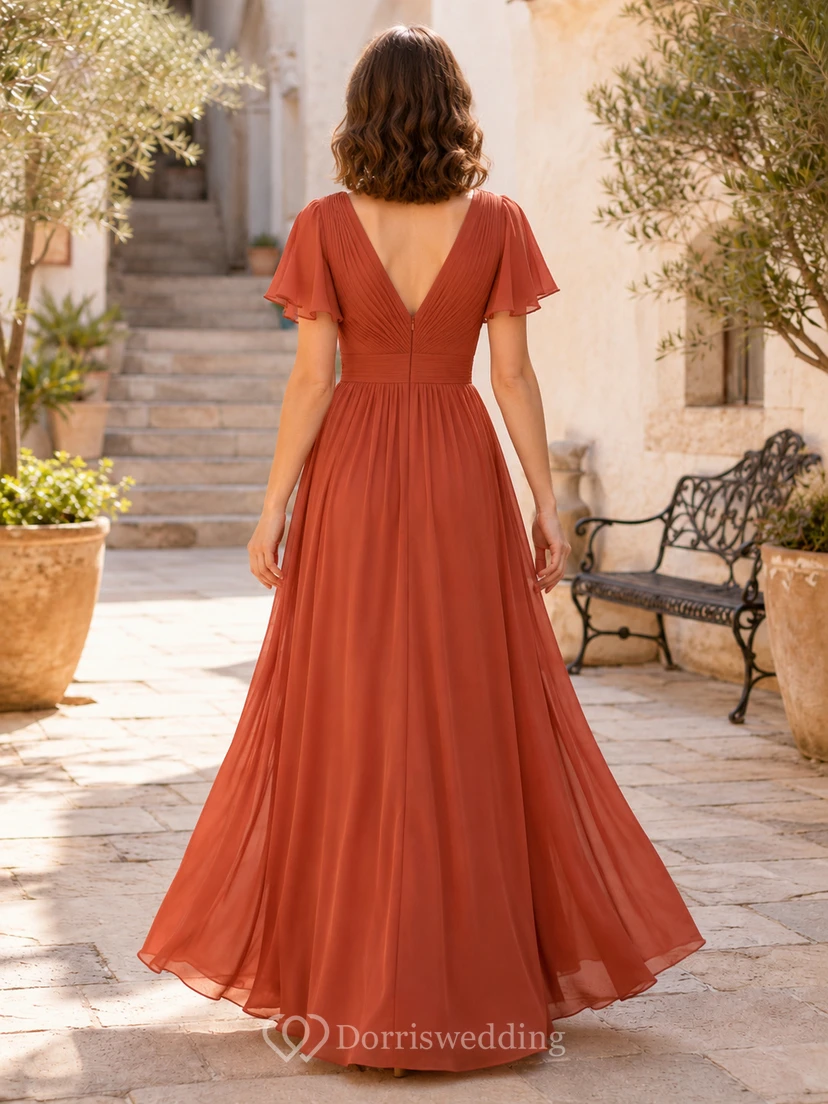 Papaya Courtyard A-Line Chiffon Bridesmaid Dress with V-Neck Flutter Sleeve Bodice, Pleated Floor-Length Skirt and Low V Back view 2