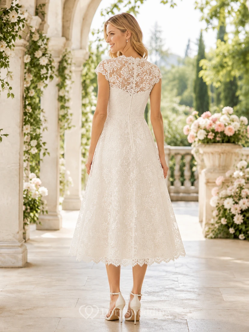Cameo Collar Ivory A-Line Tea-Length High-Neck Short-Sleeve Lace Vintage Guest Dress view 2