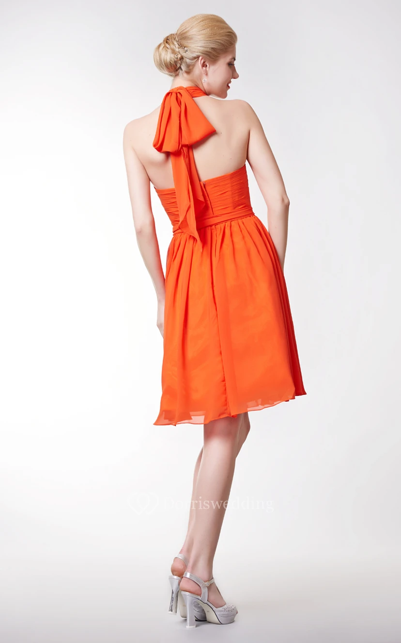 Halter Neck A-line Chiffon Short Dress With Bow view 3