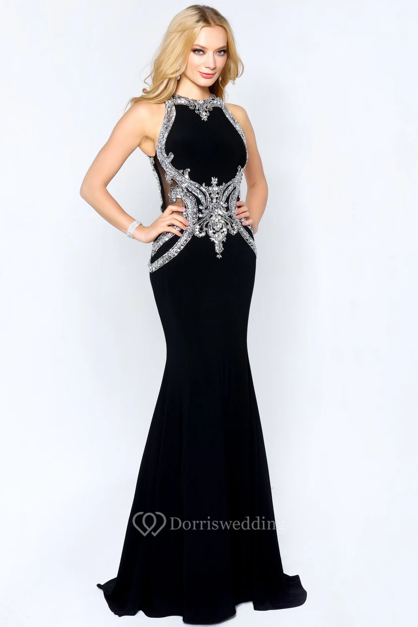 Sheath Maxi Jewel-Neck Sleeveless Jersey Straps Dress With Crystal Detailing