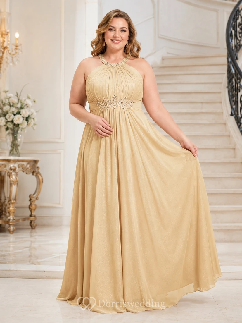 Goldfarbenes, bodenlanges Neckholder-Abendkleid aus Satin in Übergröße mit Falten und A-Linien-Schnitt