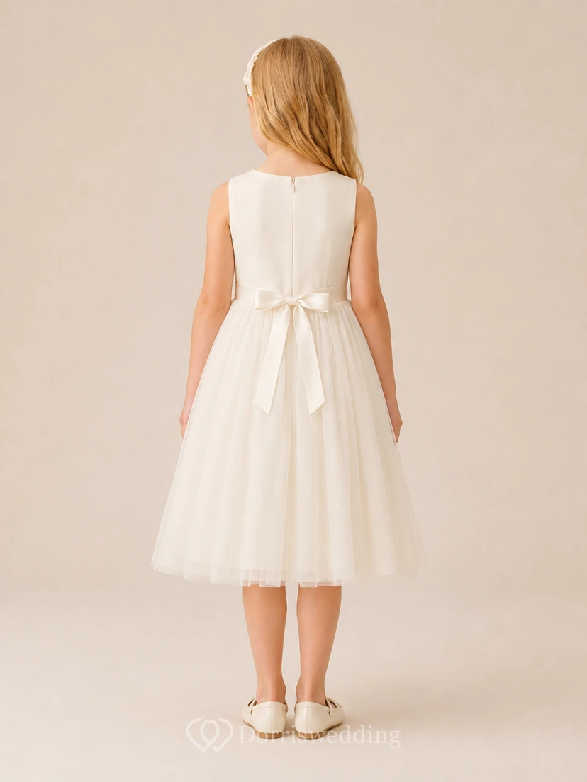 Lace Tulle A-Line Flower Girl Dress with Short Sleeves, Jewel Neck and Tea-Length Skirt view 2