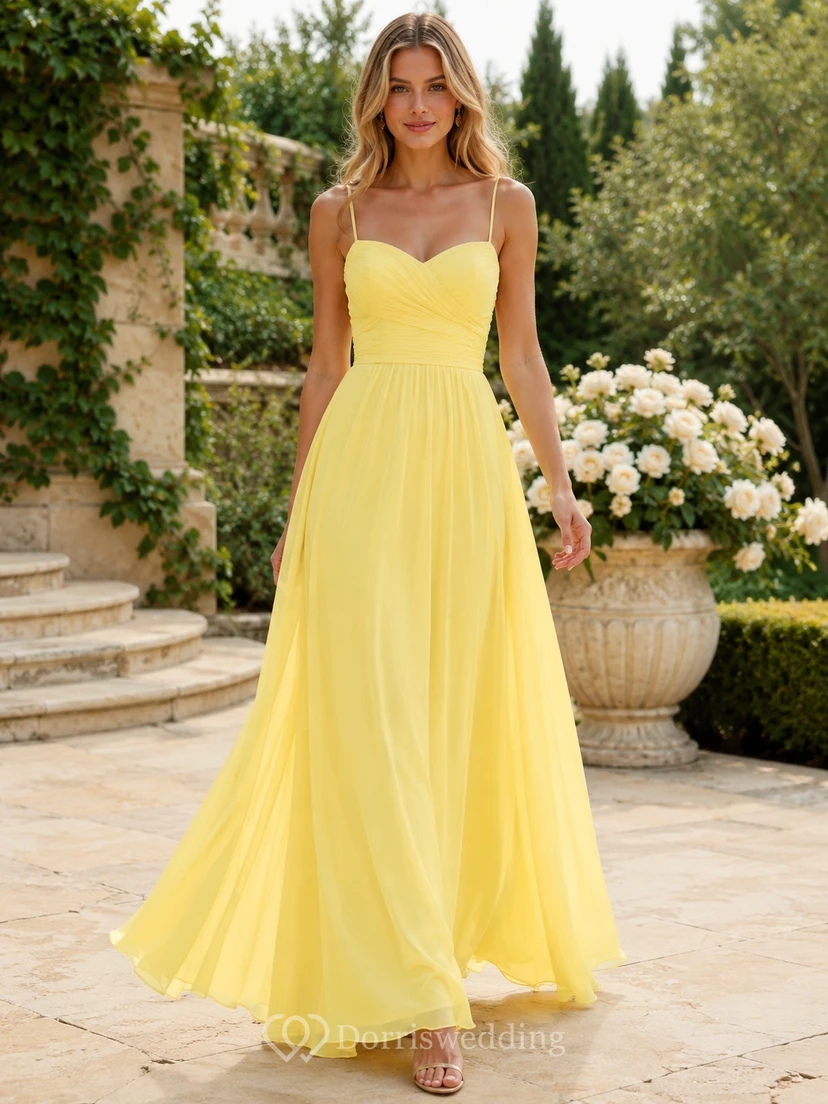 Daffodil V-neck Strappy Chiffon Flowing A-Line Floor-length Bridesmaid Dress