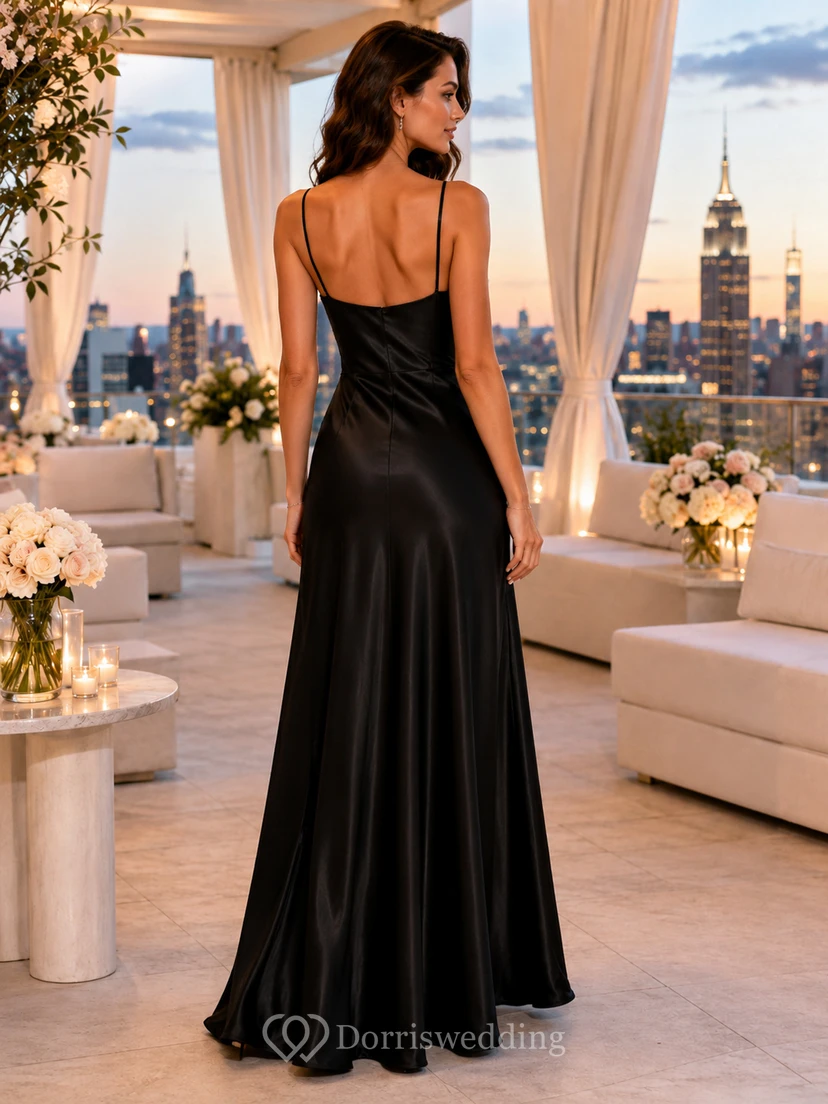 Black spaghetti strap cowl neck slit rooftop party gown view 2