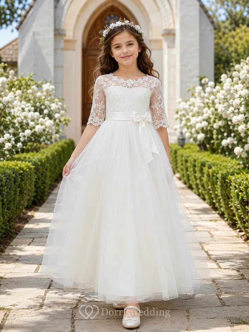 Weißes Kommunionsballkleid mit herzförmigem Ausschnitt und Illusionsausschnitt, Ellbogenspitze