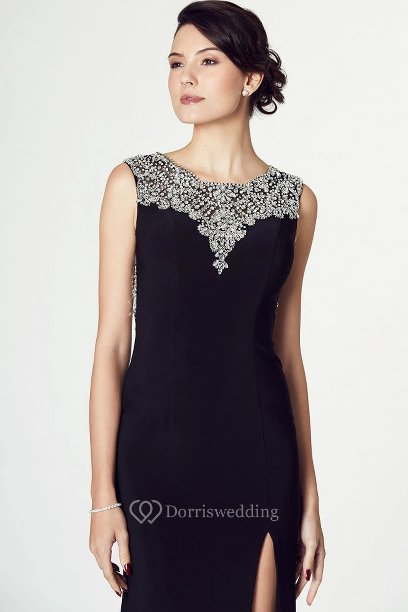 Floor-Length V-Neck Beaded Sleeveless Jersey Prom Dress view 4
