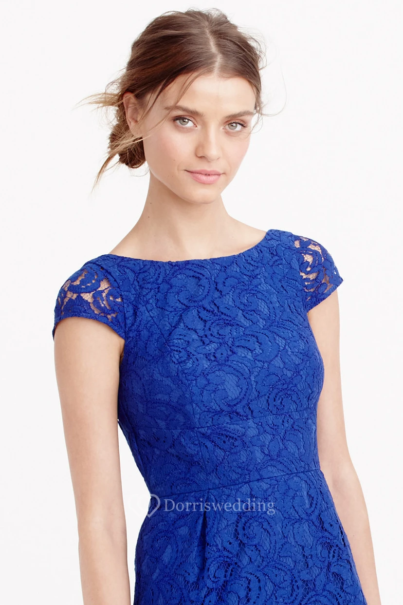 Mini Appliqued Cap Sleeve Bateau Neck Lace Bridesmaid Dress With Low-V Back view 3