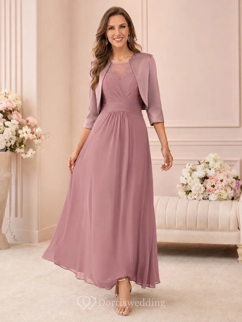 Romantic Vintage Mauve Three-Quarter Sleeve Chiffon A-Line Floor-Length Bolero Gown