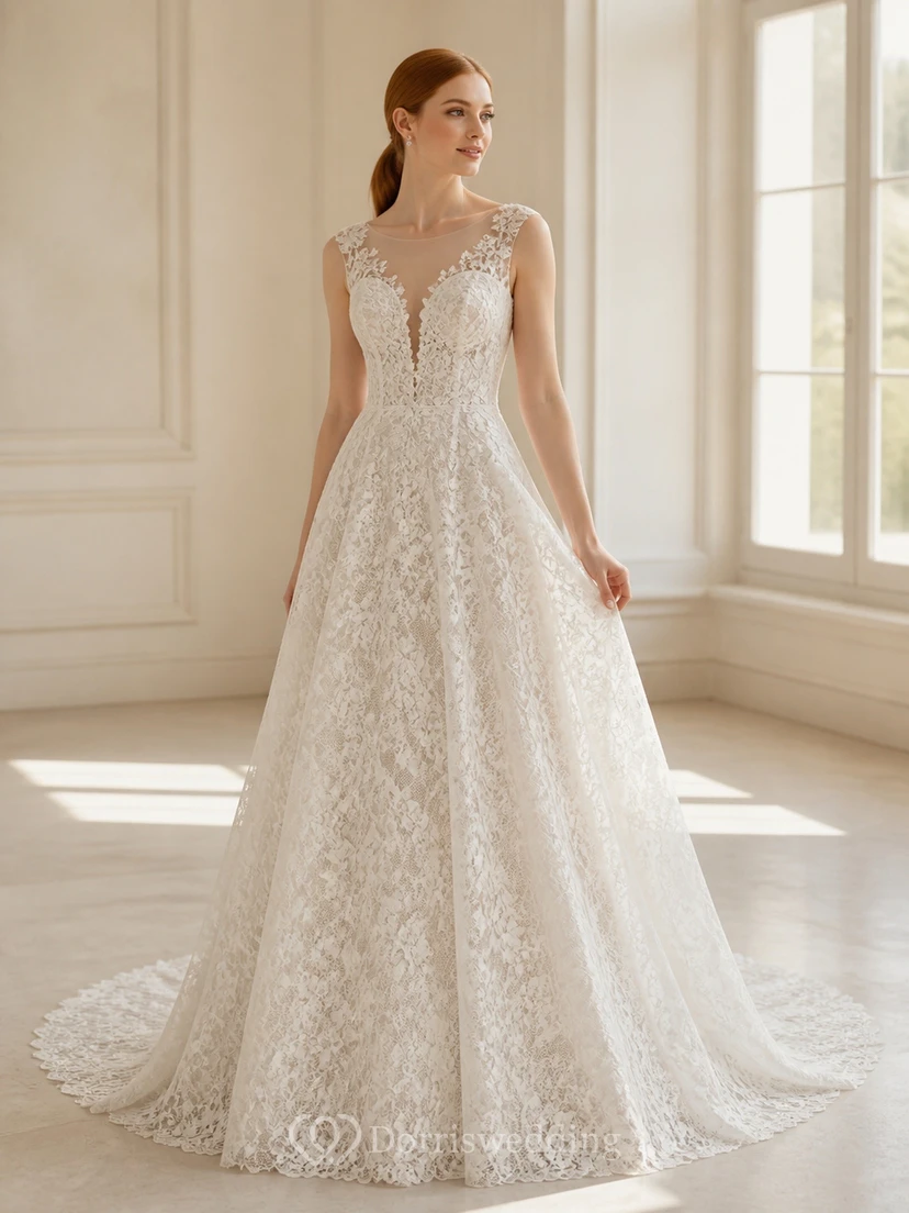 Vestido de novia romántico de corte A con escote en V pronunciado y encaje floral estilo catedral