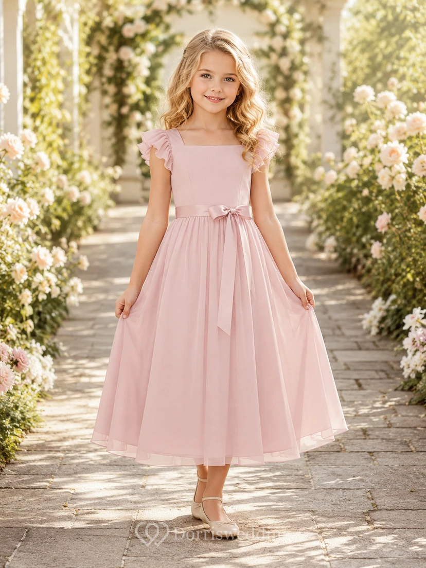 Blumenmädchenkleid aus rosafarbenem Chiffon, A-Linie, mit flatternden Ärmeln, Rundhalsausschnitt, wadenlang