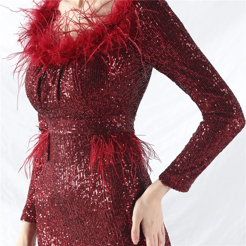 Craft-Made Ostrich Feather Long-Sleeved Beads Evening Dress view 31
