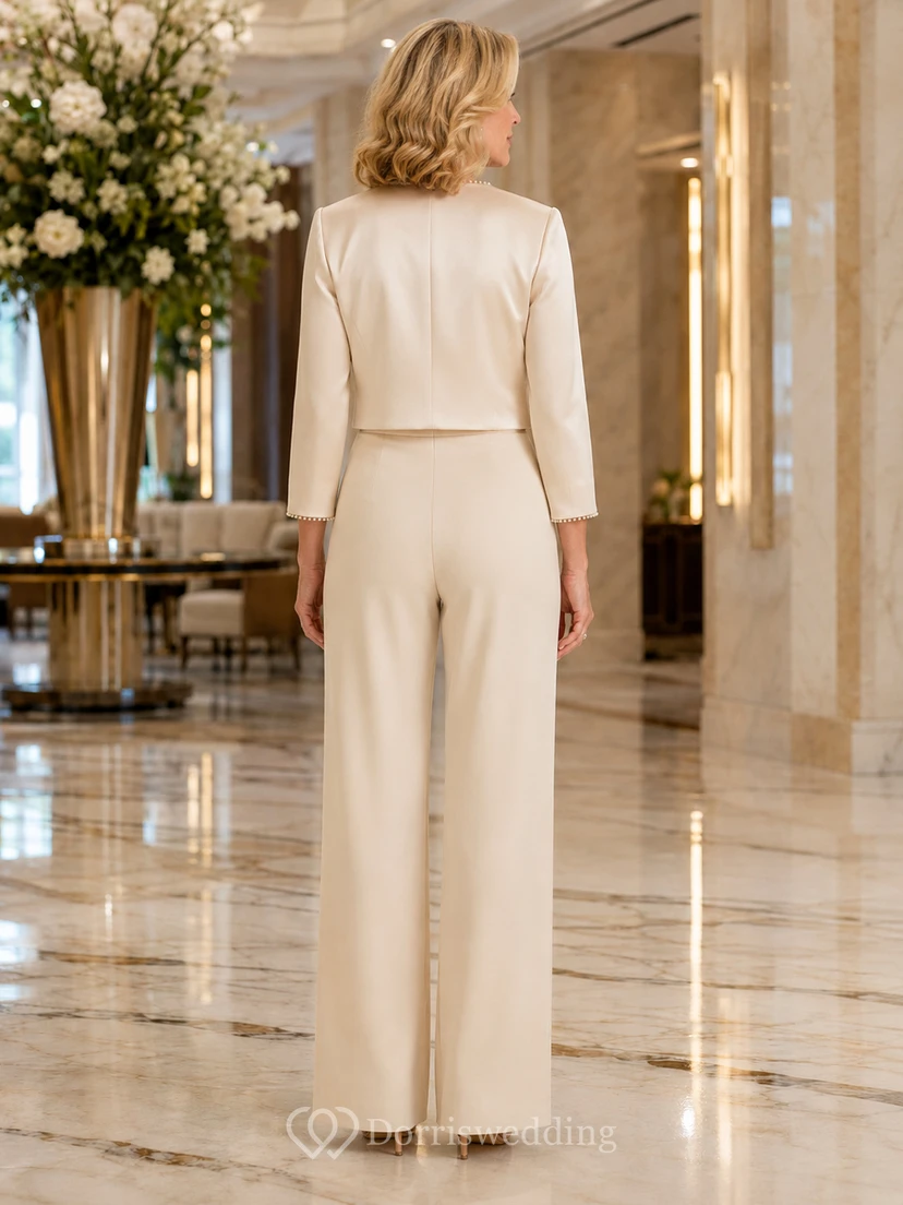 Ivory Mother Pantsuit with Satin Bolero Jacket, Jewel Top and Wide Leg Pants view 2