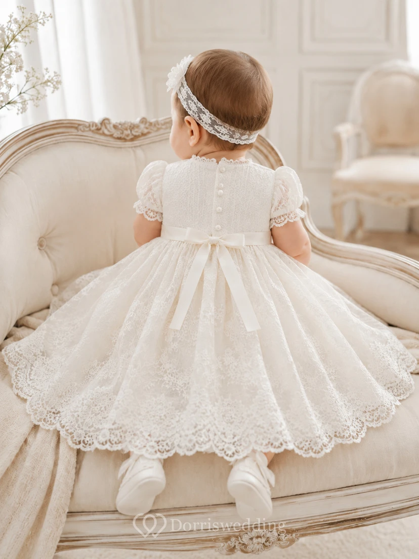 Baby Baptism Christening Ceremony Dress A-Line Tea-Length Jewel Neck Cap Sleeve Tulle Lace Button Back Scalloped Hem view 2