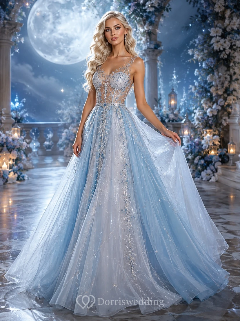 Vestido de gala largo de fantasía con tirantes finos de tul y cuentas en color azul hielo
