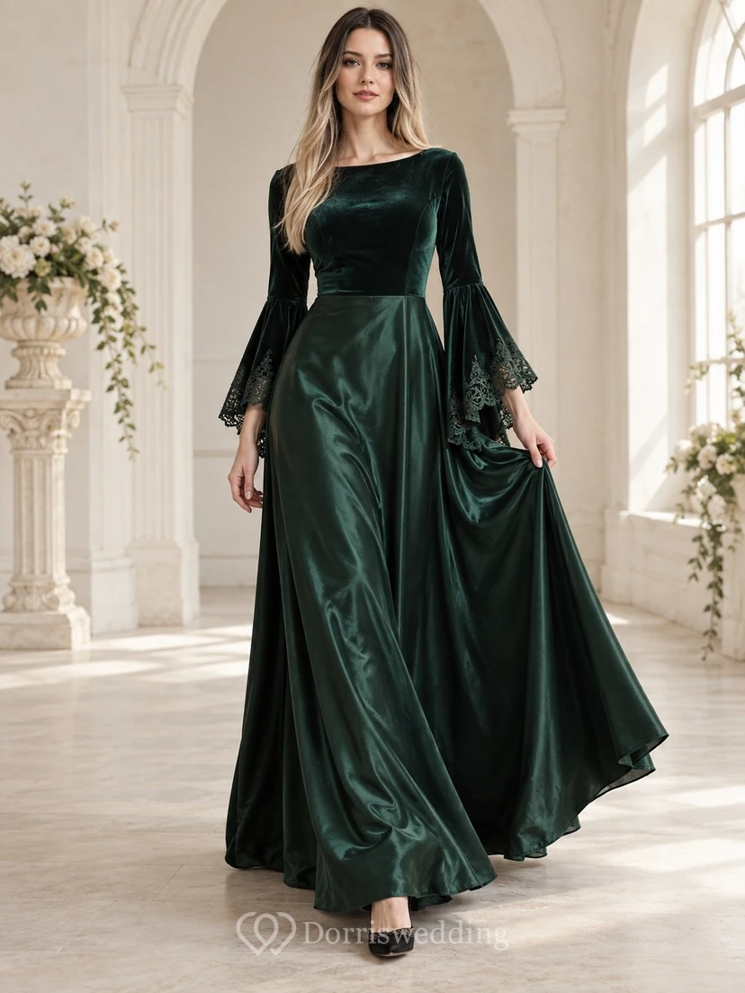 Elegantes Brautjungfernkleid mit langen, smaragdgrünen Glockenärmeln im Gothic-Stil aus Samt, Satin und Spitzenbesatz