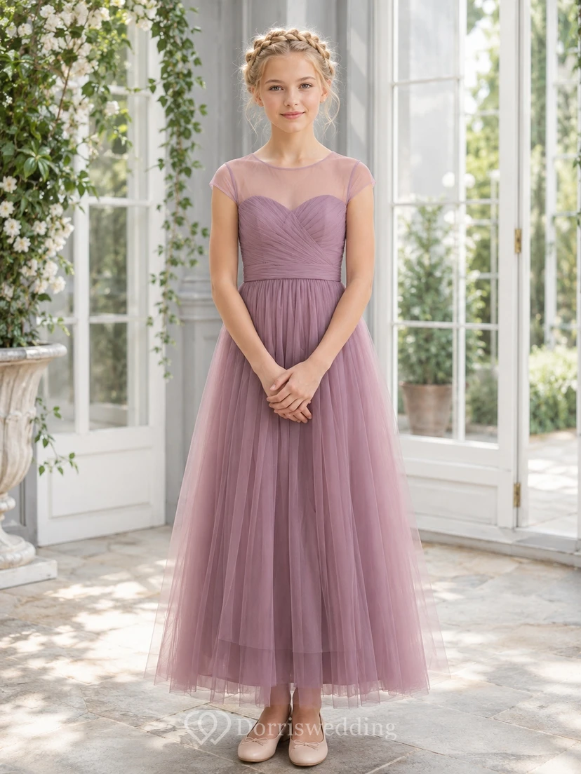 Elegantes, mauvefarbenes, kurzärmeliges Tüllkleid mit Herzausschnitt und A-Linien-Schnitt in Teelänge für junge Brautjungfern