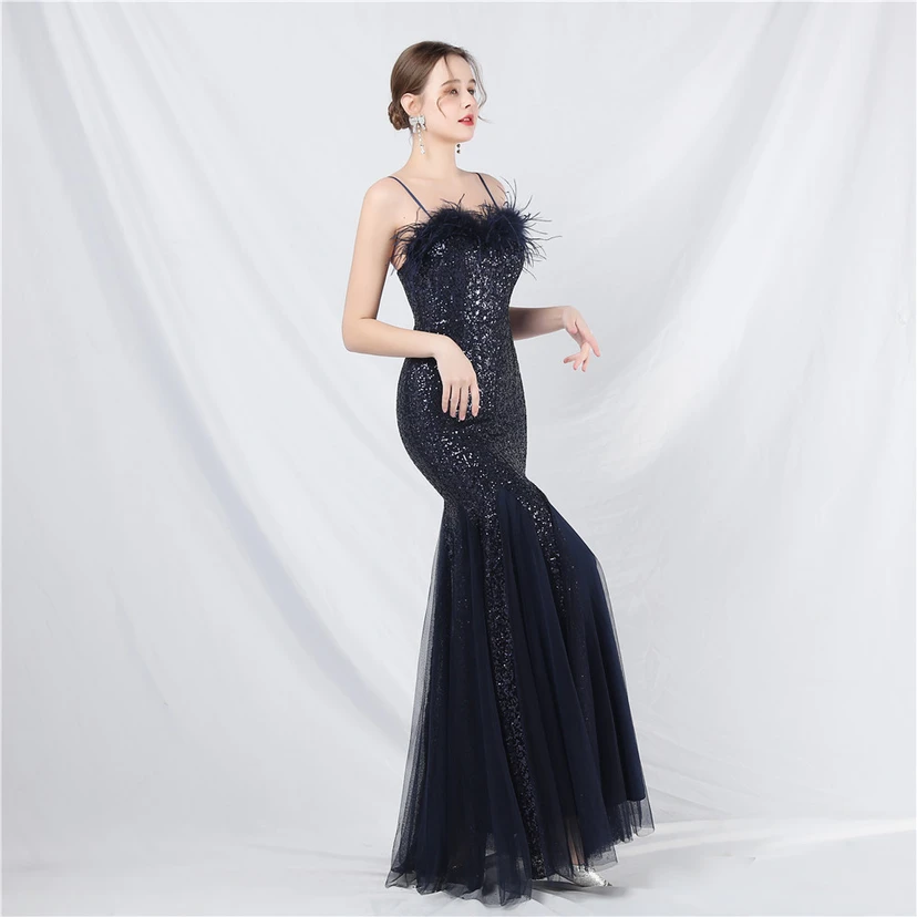 Craft Ostrich Feather Mesh Sequined Long Evening Dress view 39