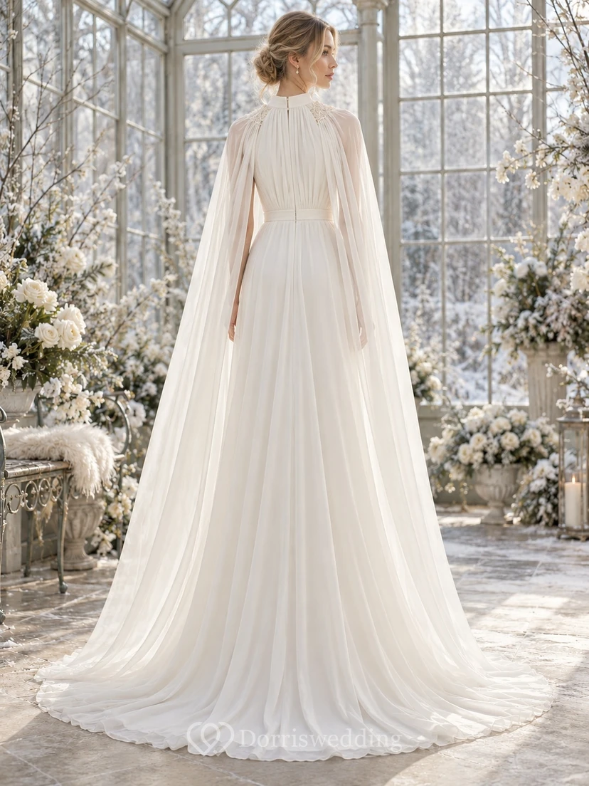Schlichtes, hochgeschlossenes, plissiertes Chiffon-A-Linien-Hochzeitscape-Kleid view 2