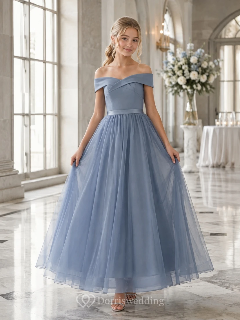 Stahlblaues Brautjungfernkleid für junge Mädchen, A-Linie, schulterfrei, kurze Ärmel, Tüllrock