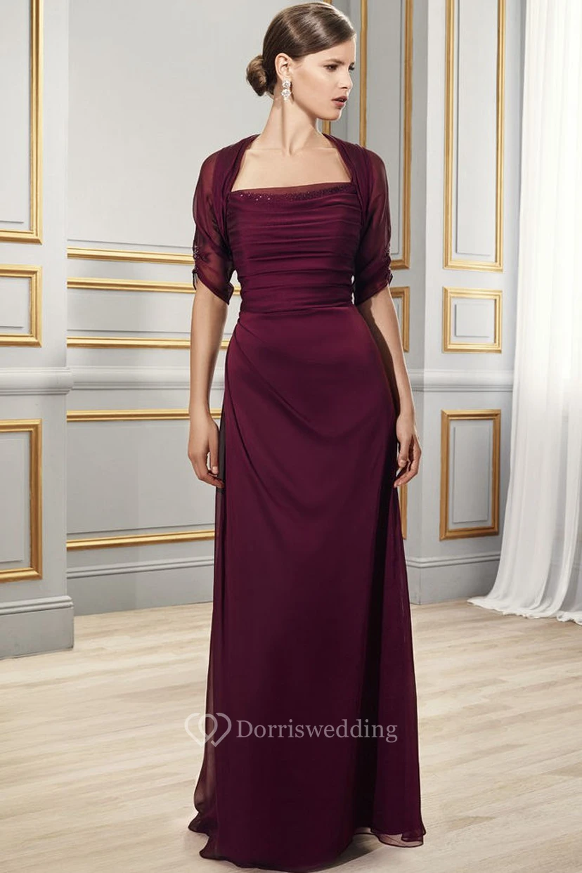 Ruched Short Sleeve Square Neck Chiffon Formal Dress