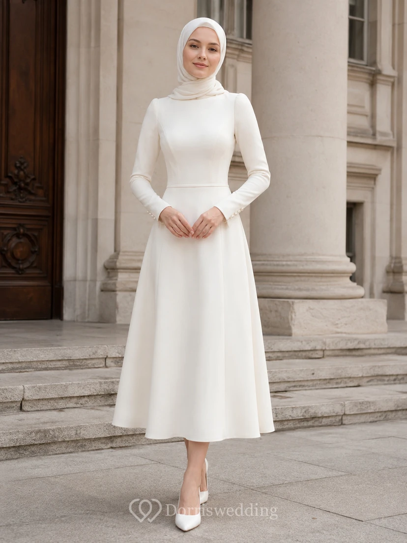 Vestido de novia civil musulmán modesto de cuello alto y manga larga hasta la rodilla