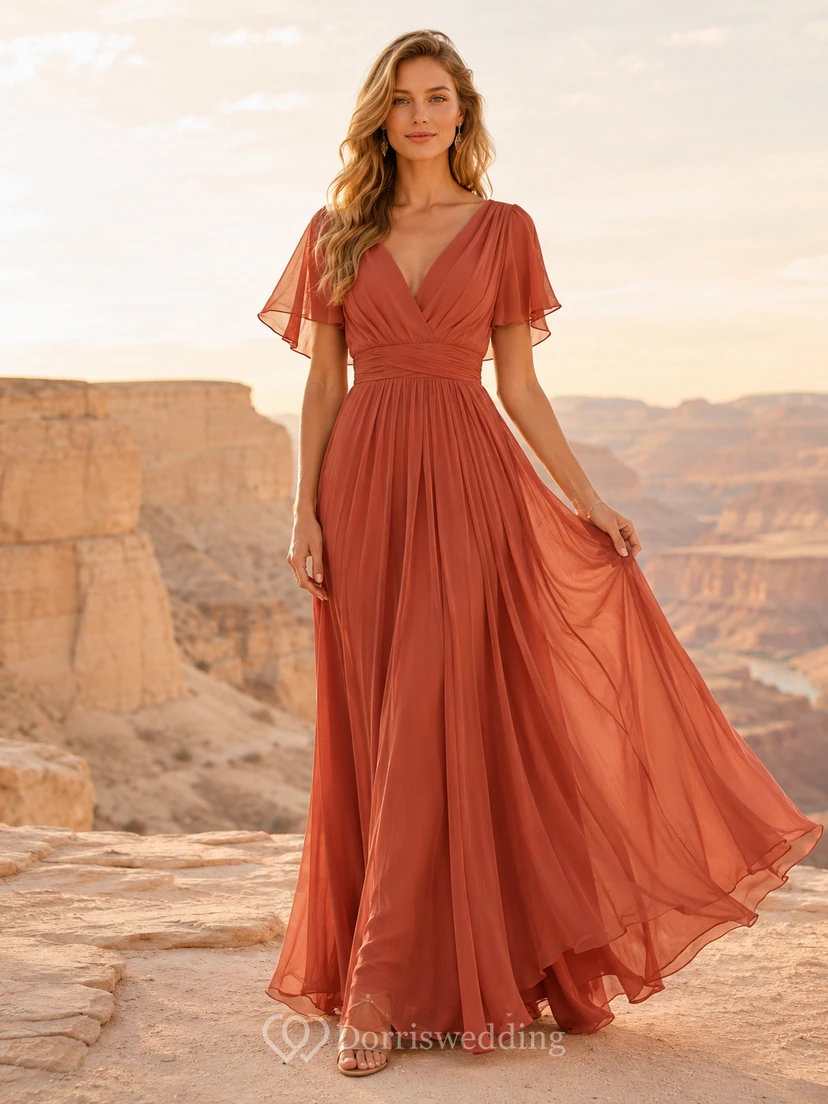 Terracotta V-neck flutter sleeve desert wedding guest chiffon gown