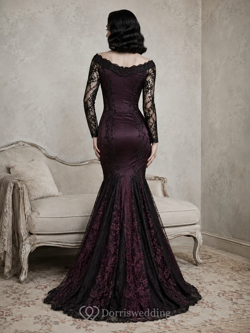 Vintage Pflaumenfarbenes, schulterfreies, langes Meerjungfrauen-Kleid mit Schleppe und Spitze aus Spitze im Gothic-Stil view 2