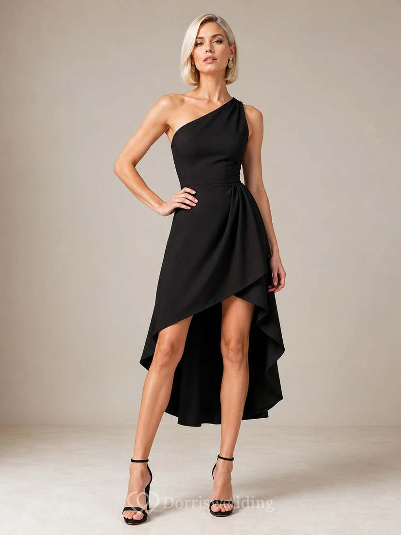 Noir Diagonal Black Sheath High-Low One-Shoulder Sleeveless Stretch-Satin Modern Cocktail Dress