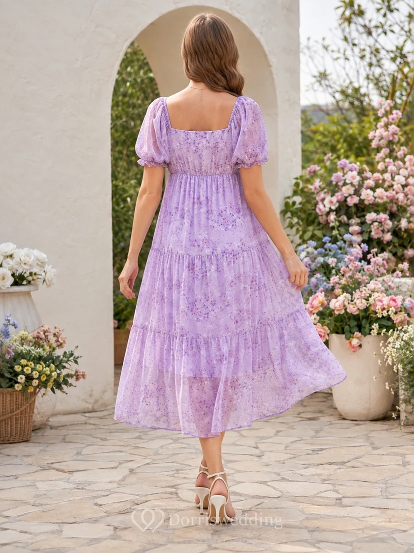 Lavender Maternity Short Sleeve Square Neck Tiered Tea-Length Chiffon Dress view 2