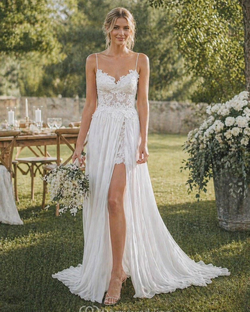 white flowy wedding dress KissProm Long Sleeve Boho Lace A-Line V-Neck Beach Gown with Split Front and Sweep Train, Diamond / 6 Introducing our stunning bridal gown Summer Flowy Boho A-line V