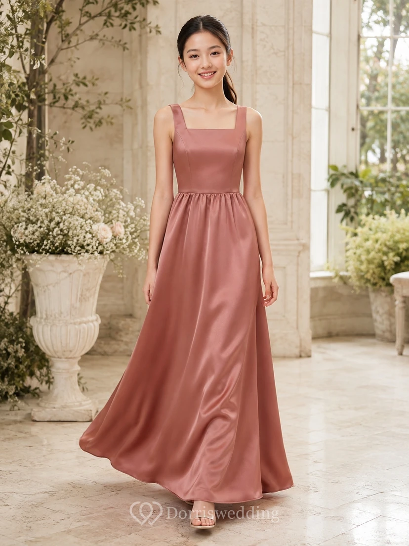 Elegantes, ärmelloses Brautjungfernkleid in Altrosa mit A-Linien-Schnitt und Satinschleife.