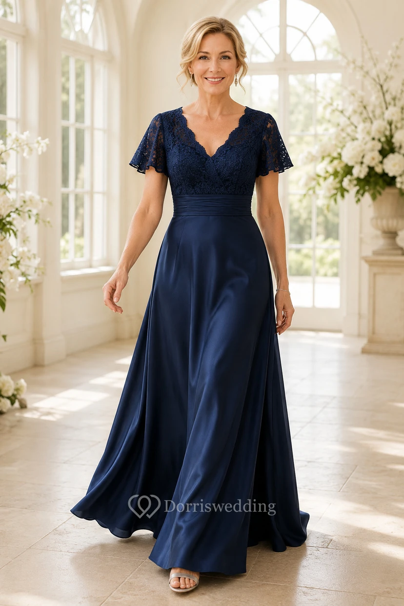 MOB-Kleid Dunkelblau Satin Spitze A-Linie Kurzarm V-Ausschnitt Bodenlang Plissee