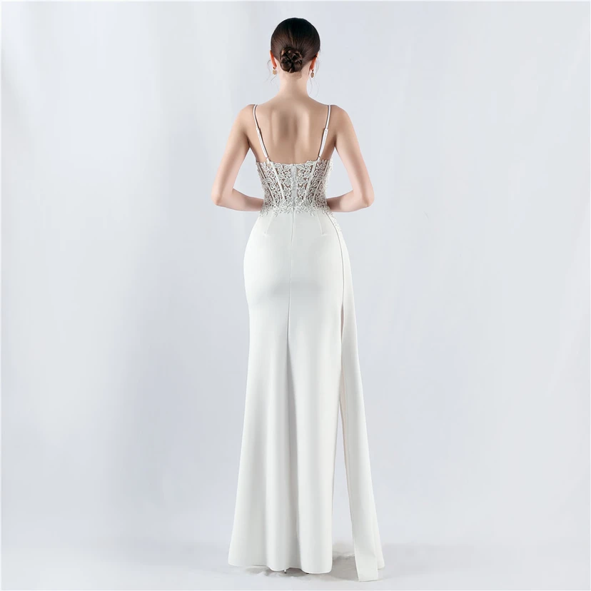 Heavy Hot Diamonds And Flower-Set Waisted Fishbone Satin Evening Dress Annual Meeting Wedding view 6