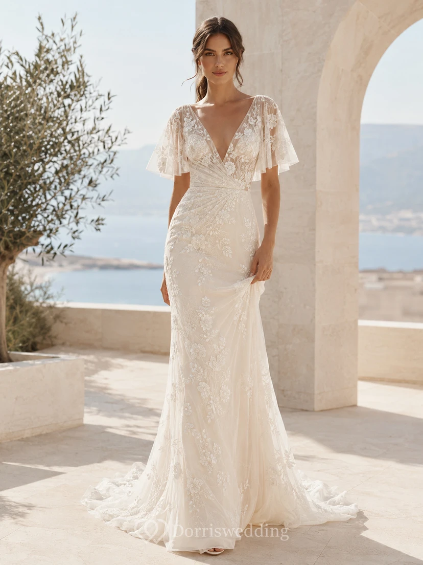 Robe de mariée sirène en dentelle florale à col en V et manches papillon