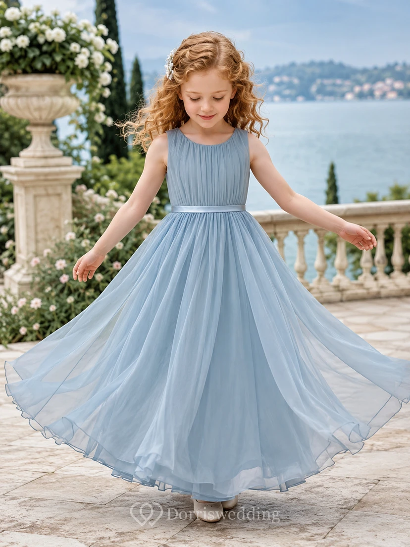 Blumenmädchenkleid, himmelblau, Chiffon, A-Linie, V-Ausschnitt, Teelänge, plissiert