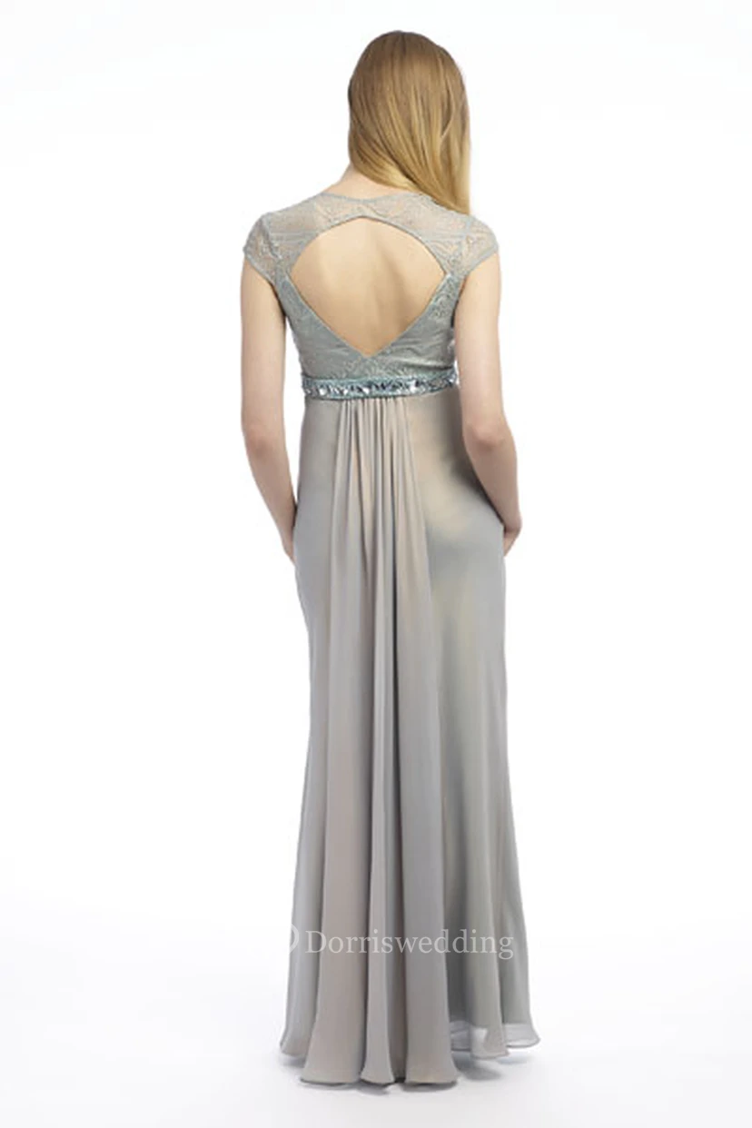 Cap-Sleeve Jeweled Floor-Length V-Neck Chiffon Prom Dress With Lace And Ruching view 2