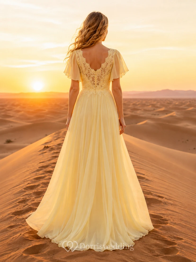Yellow Flutter Sleeve Chiffon Desert Boho Bridal Gown view 2